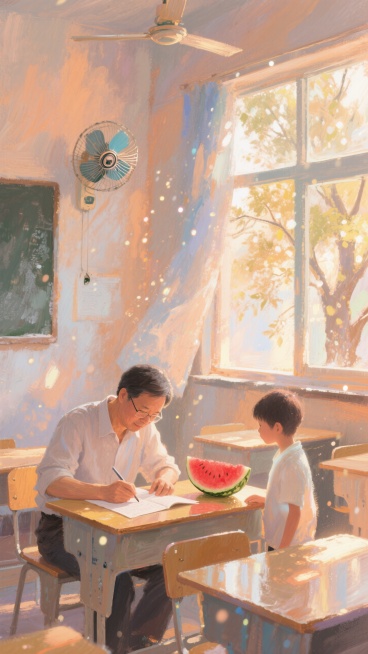 老师在教室批改作业，风扇在头顶转，一个学生偷偷在老师桌子上放了一块西瓜，背景是窗外的树木和阳光，色调为淡橙色。预览效果