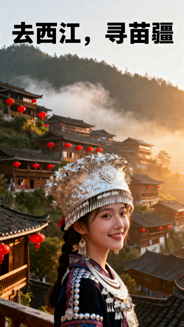 西江千户苗寨文化体验旅游宣传海报，标题文字"去西江，寻苗疆", 画面是依山而建的千户苗寨吊脚楼群，清晨山间飘着薄雾，半山腰点缀着红色苗族灯笼，前景有身穿银饰刺绣苗族盛装的少女侧身微笑，整体氛围古朴神秘预览效果
