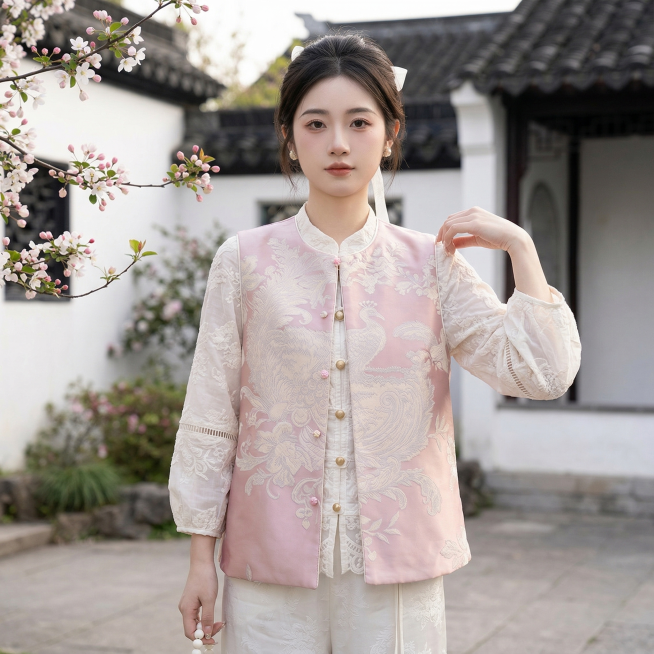 基于原图保留这件新中式服饰：粉色缎面提花马甲搭配米白色蕾丝内搭，保留服装的版型和提花细节，生成电商主图，模特为清冷感淡颜系女生，发型为半扎发搭配白色发带，场景为春日园林白墙黛瓦海棠花，上午柔光，模特正预览效果