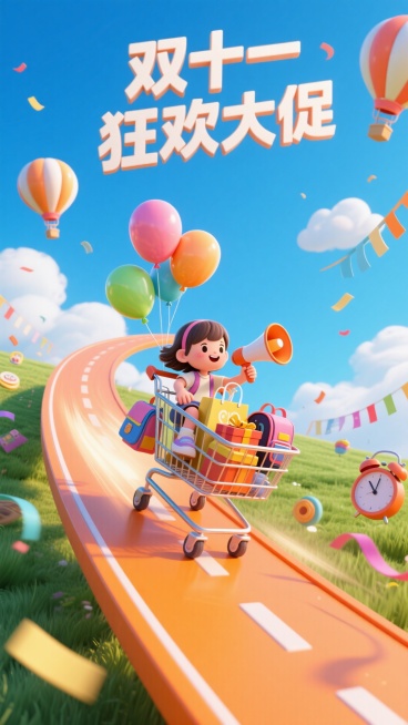 一条悬浮在空中的橙色曲线道路，上面有一个可爱的小女孩坐在一辆购物车顺着道路冲，强动态感，手上拿着喇叭，车上系着气球，购物车里有购物袋、礼盒以及书包等儿童用具，周围点缀彩带、小闹钟等元素，蓝天背景 加入预览效果