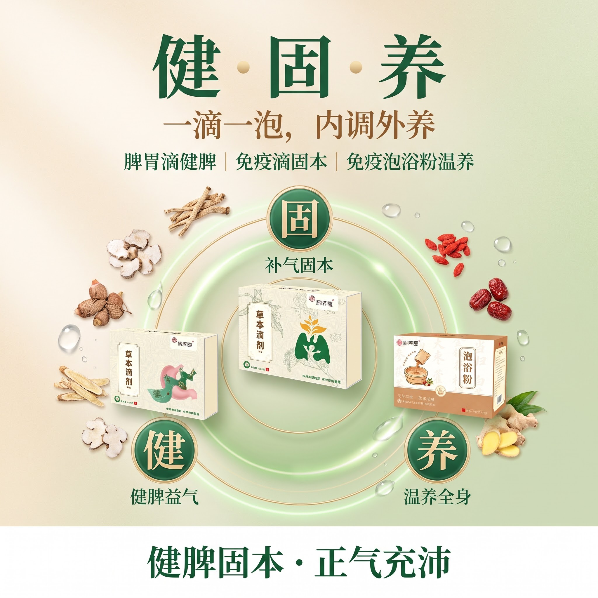 高端东方草本健康产品电商主图，1:1正方形比例，整套套餐核心产… - 图片创意预览