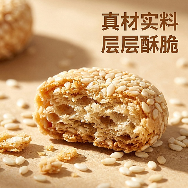 [主图 3 细节工艺修改]
[主图主题] 芝麻小圆饼工艺细节展示
[氛围/风格] 暖色调写实风格，暖阳光影，突出酥脆质感
[画面元素] 切开扁状剖面特写展示芝麻小圆饼内部疏松结构，产品外形为扁扁小圆饼，必须和参考图一致，不要做成正圆形。周围摆放完整饱满的白芝麻原料，清晰展示用料，体现酥脆掉渣的层次感
[配色色系] 暖米黄为主，浅棕色芝麻为辅，自然暖色调
[视角构图] 微距平视特写，主体占据画面中心
[文字版式] 标题 "真材实料 层层酥脆" 暖棕色粗体悬浮于画面右上角，左侧留出空间展示产品，不遮挡剖面细节，排版简洁清晰
[比例分辨率] 2k分辨率
