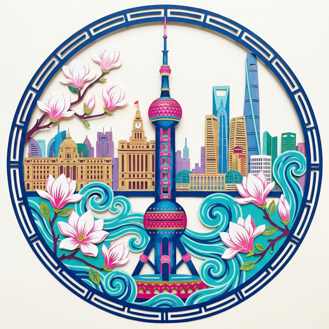 制作一张圆形的蔚县剪纸，主题是上海东方明珠塔，以玉兰花、水纹和城市背景作为辅助图形，整体色彩风格参考提供的图片，保留鲜艳浓郁的撞色风格和传统剪纸的镂空纹理质感预览效果