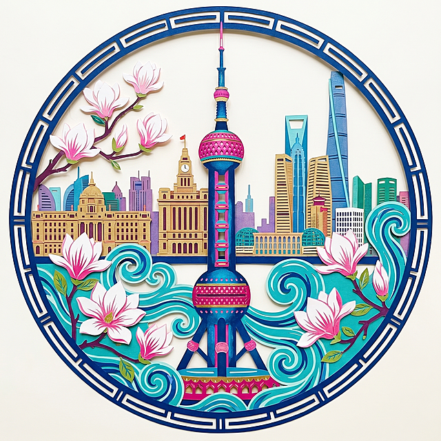 制作一张圆形的蔚县剪纸，主题是上海东方明珠塔，以玉兰花、水纹和城市背景作为辅助图形，整体色彩风格参考提供的图片，保留鲜艳浓郁的撞色风格和传统剪纸的镂空纹理质感