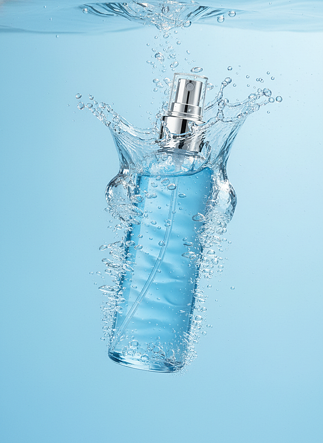 主体坠入淡蓝色背景的水中，激起水花与气泡，整体呈现出灵动、富有活力的质感，采用写实的产品摄影风格。