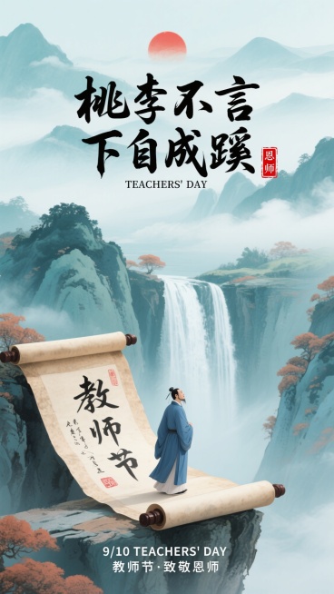 中国古风意境教师节海报，淡青色为底，山水瀑布、云雾缭绕，空灵雅致氛围，局部点缀赭石、花青。上中下层次构图，上部远山云雾与红日，中部青山、瀑布、悬崖上展开的卷轴，卷轴上有毛笔书法文字和红色印章，一位穿蓝预览效果