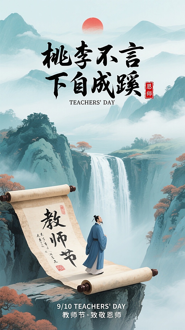 水墨插画风，古典文艺，大字显意境，教师节敬师情。
