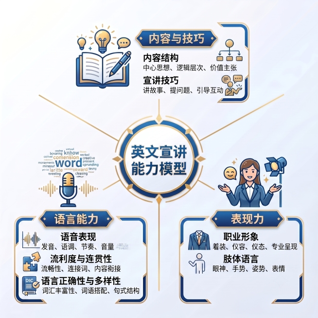 基于原图进行精准局部修改，其余所有元素（排版、配色、字体、其他图标、中心标题等）必须完全保留：1）在‘语言能力’模块中，将第一项标题‘语音语调节奏音量’改为‘语音表现’；2）将其下方说明文字‘清晰度、预览效果