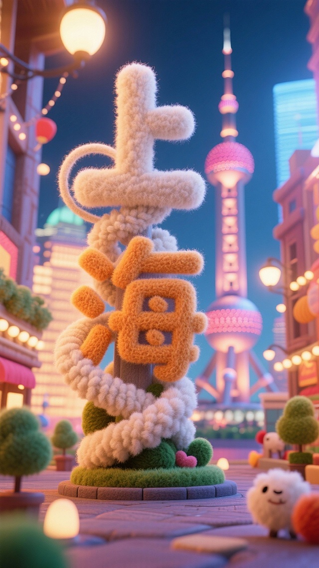 梦幻感与可爱感交织的软3D风场景，毛发生长风字体“上海”跃然眼前，国潮风元素融入夜景街巷，虚拟现实中的卡通感东方明珠点亮节日氛围。