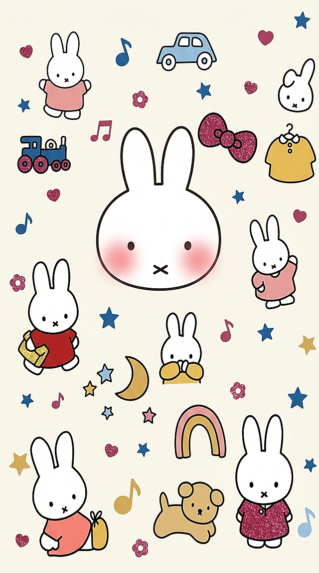 提取手机壳上的米菲兔相关图案，颜色1:1精准还原，去除镜头孔和摄像头孔，四角填充完整不留白，矢量图形质感，细节超清晰无模糊，无多余元素