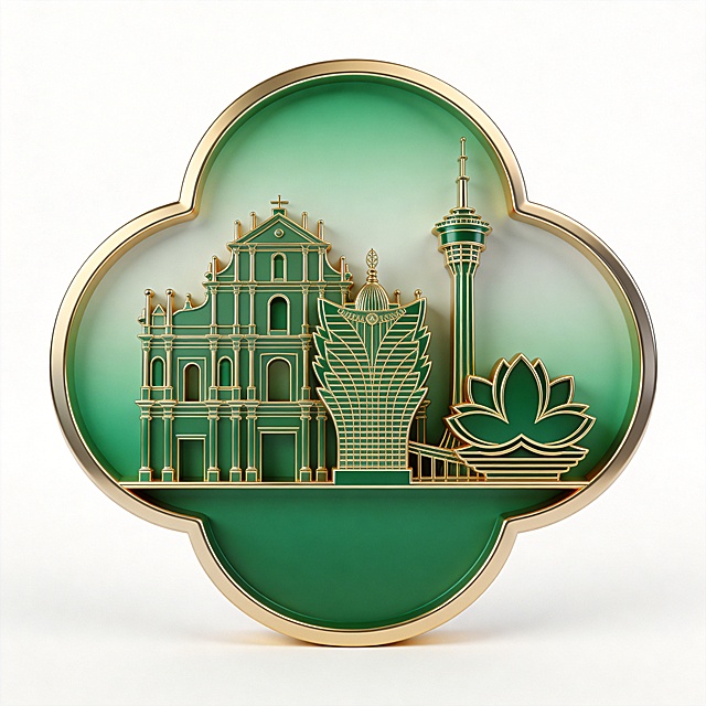 3D立体标志设计，澳门城市主题，整体采用流畅的云朵形态作为外部轮廓，将大三巴牌坊建筑、澳门旅游塔和莲花花卉三个核心元素巧妙融合在内部，建筑元素不分离，自然衔接成整体，金属质感，高级简约风格，立体感强，采用绿色系渐变搭配金色金属描边，体现澳门地域特色，画面干净简洁，纯白色背景，标志主体完整居中，四周留白不裁切。