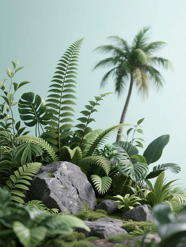 超写实3D风格，纯净背景下错落有致的花草组合，高耸蕨类、棕榈与多样观叶植物，灰褐色岩石自然点缀，叶片纹理清晰，光影柔和，以深浅绿为主调，干净清新且具立体感的丛林花草背景素材。