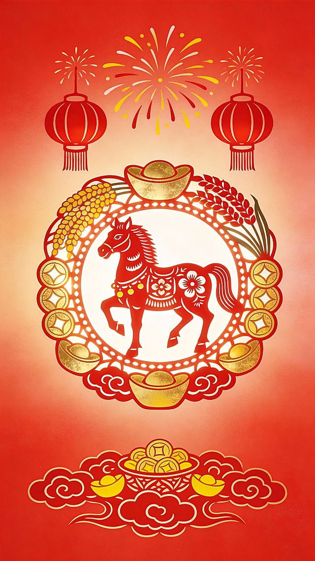 剪纸风与国潮融合，红金配色营造喜庆中式氛围，轻拟物手法呈现马年祥瑞，灯笼、烟花、元宝点缀节日欢庆。