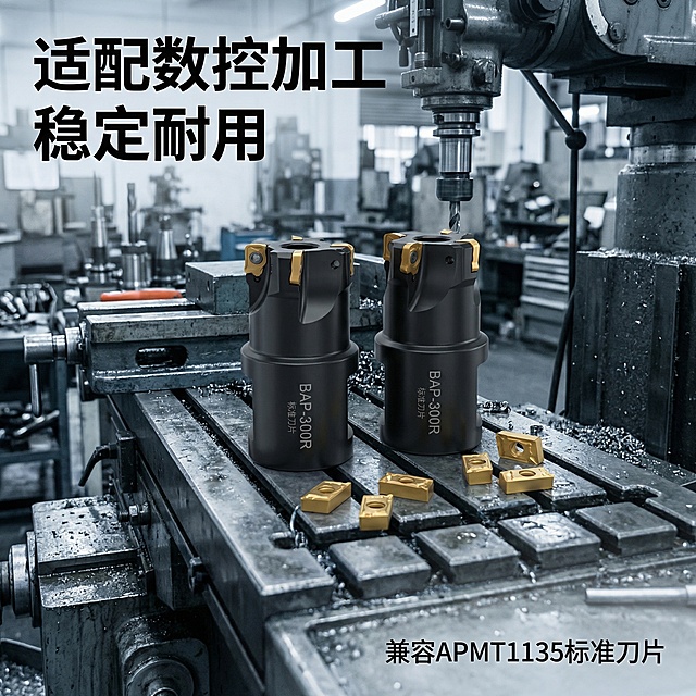 [垫图] https://gdesign-dam-hz.dancf.com/35964919474148437/fc315fe6348e4cb2bef2feaeb2e47fbd.jpg
[主图主题] BAP-300R直角铣刀杆适用场景展示
[氛围/风格] 工业真实场景风，硬朗质感
[画面元素] 铣刀杆放置在数控铣床工作台面上，周围散落少量适配刀片，背景为工业加工车间环境，做适当虚化处理，突出产品主体，全屏铺满无边框
[配色色系] 主色调：深灰工业环境色，刀杆黑色，刀片金色，整体色调偏冷硬
[视角构图] 平视带轻微俯视，产品放置在画面中心，景深适中，环境衬托产品
[文字版式] 左上角文案 "适配数控加工 稳定耐用" 黑色粗体悬浮，右下角小字标注 "兼容APMT1135标准刀片"，文字不遮挡产品主体
[比例分辨率] 1:1 比例，2k 分辨率