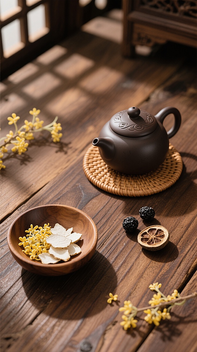 温暖自然光线下的中式古朴木质桌面背景，深棕色木纹清晰可见，带有自然的光影斑驳效果，营造出宁静、温馨且富有传统韵味的氛围。桌面上放置着深色陶制茶壶（带盖，有简约花纹，置于圆形编织杯垫上），左侧有一个装有黄色桂花和白色片状食材的浅木碗，右侧散落着几颗黑色果实和半个切开的圆形干果，整体构图遵循自然随意的布局，色调以棕褐色、深木色为主，点缀黄色桂花的暖色调，展现出细腻的材质质感和传统中式茶饮的闲适意境。