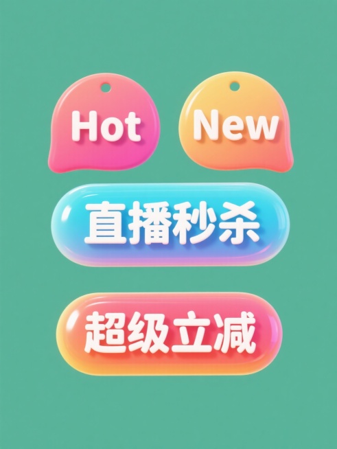 四个规整排布的促销标签素材，每个标签均为单一纯色背景，标签文案分别为"Hot"、"New"、"直播秒杀"、"超级立减"，采用3D立体果冻质感，表面光滑有光泽，边缘圆润，带有渐变色彩过渡和柔和高光，整体呈现出可爱、Q弹的卡通风格，色彩鲜明亮丽，符合促销宣传的活泼氛围。预览效果
