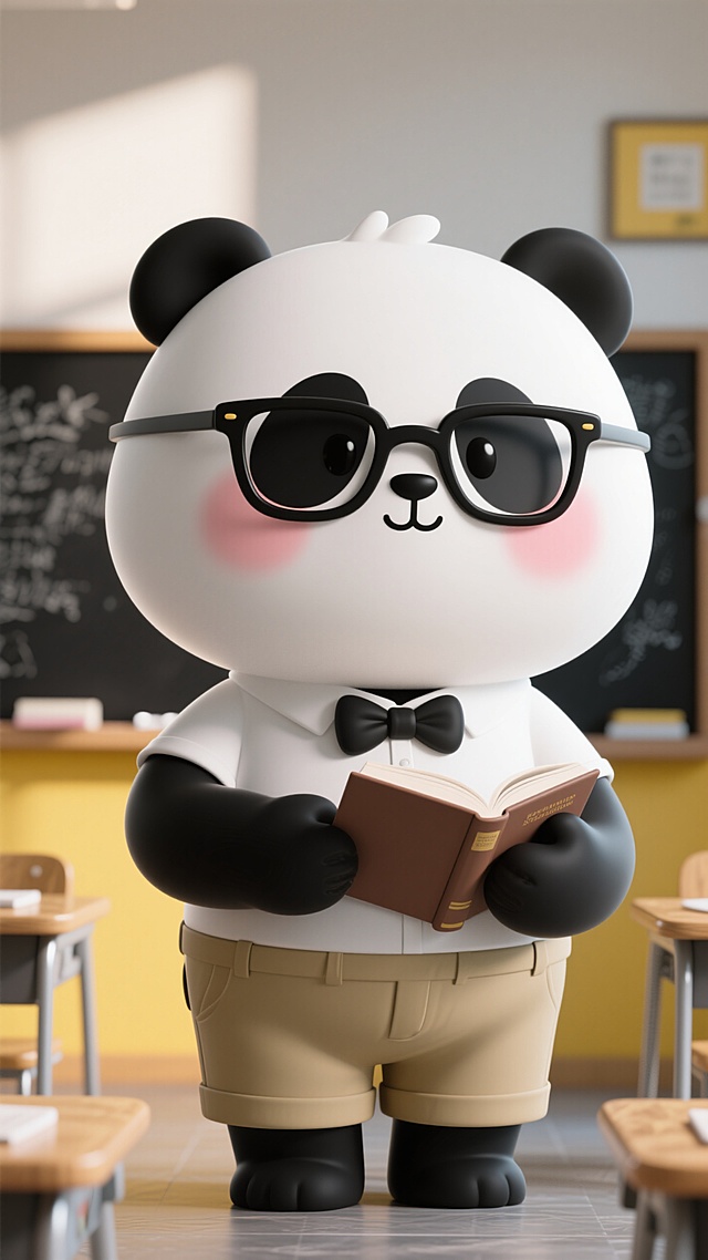 卡通熊猫形象的教师角色。熊猫体态圆润，戴黑框眼镜、黑色领结，穿简约白上衣与卡其色短裤，双颊带腮红，手持书本，表情温和治愈，萌趣，课堂场景