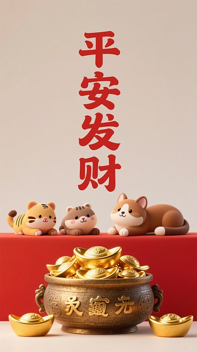 竖着居中写着“平安发财"，四只小动物趴在旁边，聚宝盆，元宝喜庆色调，简单背景