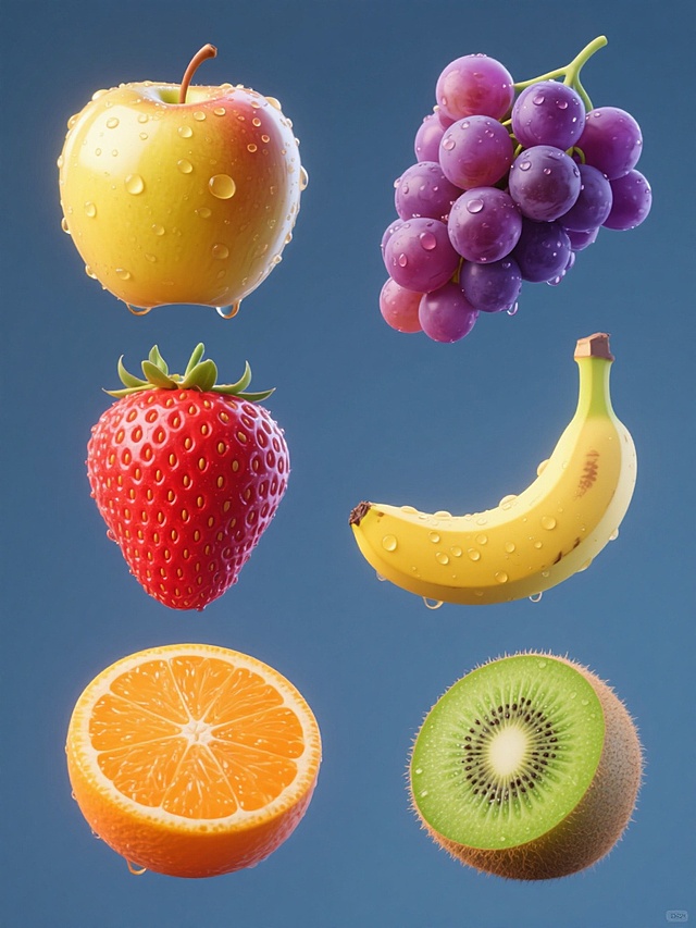 一张设计精美的水果系列海报，纯色背景，包含6个完全不同的水果元素内容，每个水果都具有高度写实的3D质感，表面有晶莹的水珠细节，色彩鲜艳饱满，光影效果突出，水果形态自然逼真，整体风格统一，元素规整排布，视觉层次清晰，信息传达效率高，符合水果宣传的目标受众和审美需求。6个水果元素分别为：一串饱满的紫色葡萄，一颗鲜红的草莓，一个金黄的苹果，一根黄色的香蕉，一个橙色的橙子，一个绿色的猕猴桃。