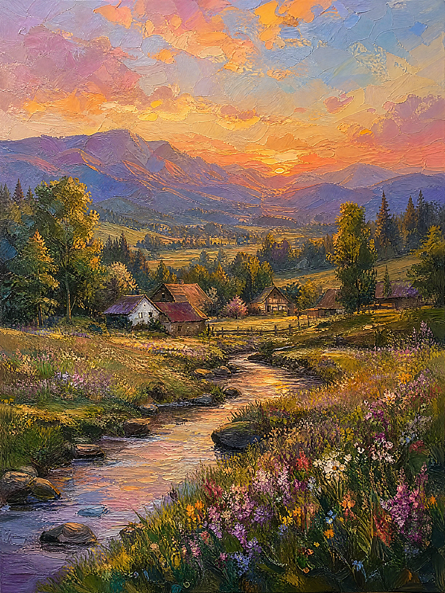 一幅原创油画风格的自然风景画，画面展现宁静的山谷乡村风光，前景有蜿蜒的小溪和野花，中景是错落有致的农舍与茂密的森林，远景是连绵起伏的山峦和柔和的晚霞天空。采用印象派油画技法，笔触丰富厚重，色彩温暖和谐，光影层次细腻，画面构图均衡优美，具有经典油画的质感和艺术氛围。完全原创构图，不模仿任何著名画作或艺术家的特定作品，不包含任何受版权保护的元素、标志性建筑或知名人物形象。