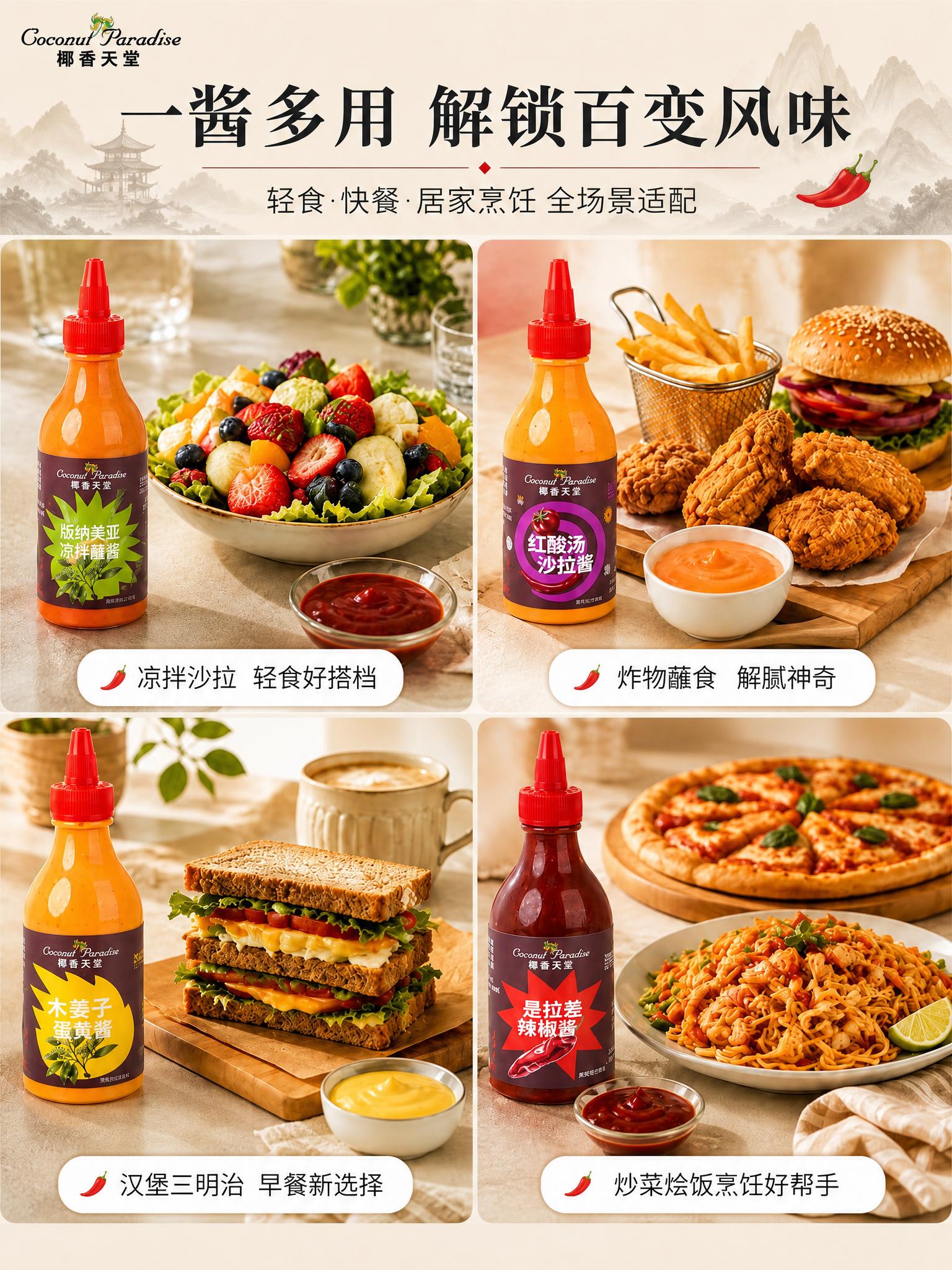 [主图-4] 椰香天堂四款风味酱料 多场景食用展示图，3:4竖… - 图片创意预览