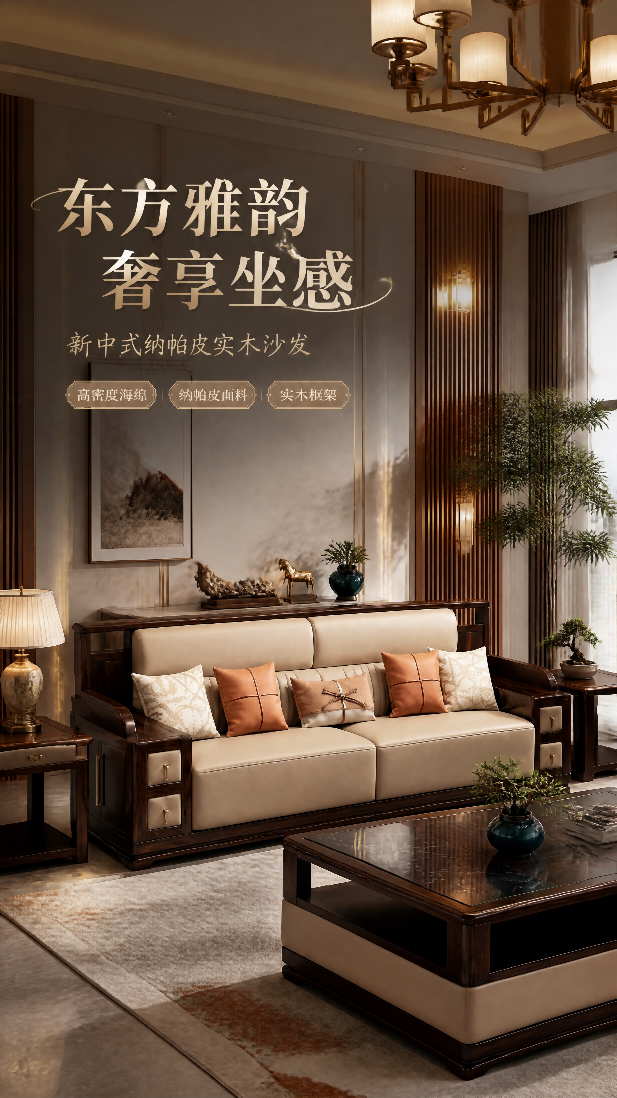 [第1张] 详情页头图-新中式纳帕皮实木四人位沙发主视觉海报。… - 图片创意预览