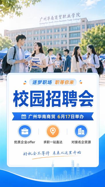 写实商业摄影风格，校园招聘会宣传海报，主标题"校园招聘会"，副标题"广州华南商贸 6月17日举办"，装饰文案"逐梦职场 职等你来"，卖点标签为"优质企业offer" "求职一站直达" "对接名企资源"预览效果