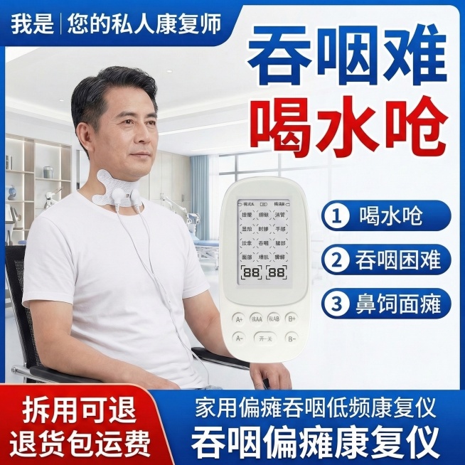 将图中模特的吞咽贴片替换为新的白色蝴蝶形网状吞咽电极贴，贴片带两个白色接头，清晰无遮挡，其余元素（产品、文字、场景、模特）保持不变，维持整体医疗风格和排版。预览效果