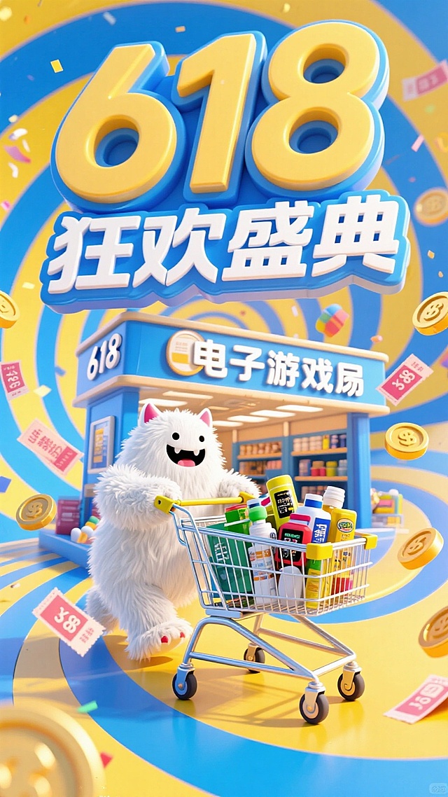海报主标题为 “618” 的立体字，小标题是 “狂欢盛典” 3D 风格，画面中有一个电子游戏商场，一只白色毛绒怪兽推着装满日用产品的购物车，周围飘着优惠券和金币，以蓝黄调为主，背景是节日氛围的漩涡；