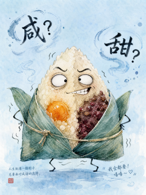 鬼畜风格的拟人粽子，淡蓝色调，手绘水彩插画质感，粽叶半开，左边咸蛋黄右边豆沙馅，斗鸡眼歪嘴坏笑，身体轻微抖动，淡蓝色背景，飘着毛笔笔触写的弹幕文字“咸？”“甜？”，梦幻搞笑氛围预览效果