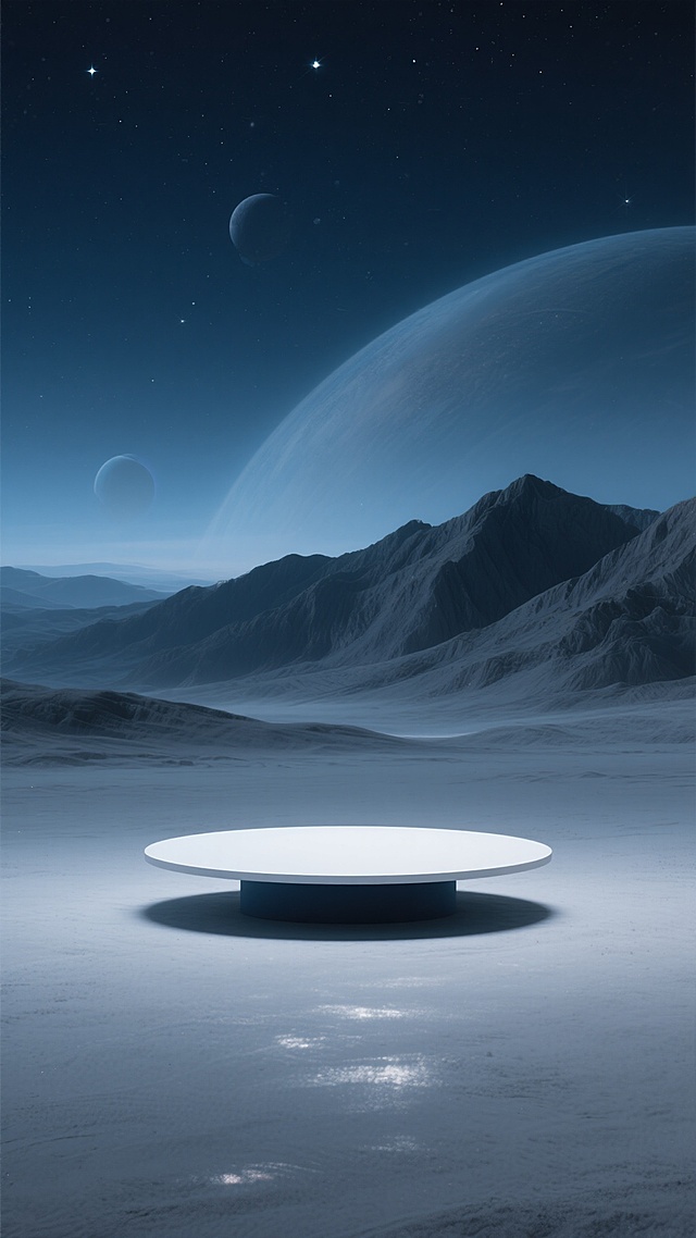 超现实主义风格的宇宙场景，深邃的暗蓝色夜空点缀着稀疏的星辰和朦胧的行星，远处是轮廓分明的灰色山脉，山脚下是泛着微光的平坦地面，画面中央有一个光滑的白色展台，展台底部有深色的基座，整体光影柔和，呈现出神秘而宁静的氛围，无任何文字和标识。