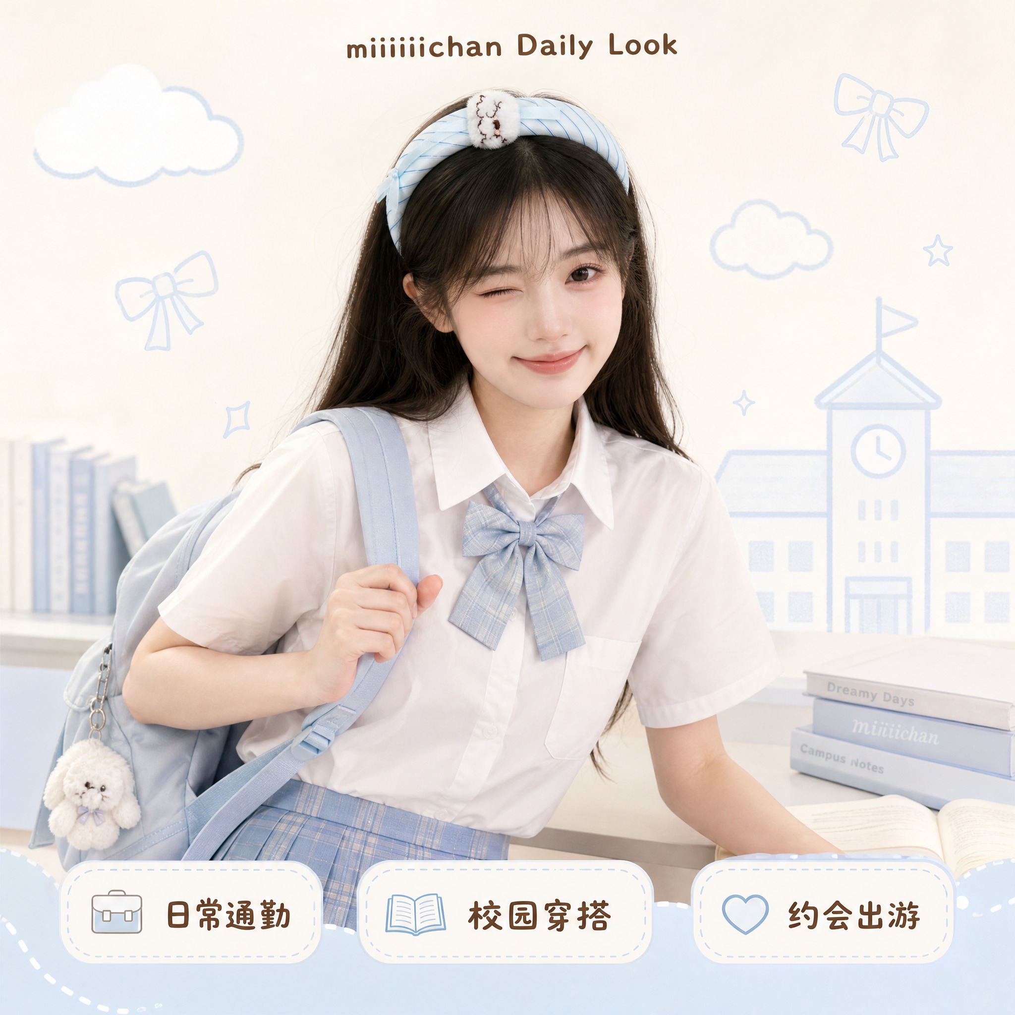miiiiichan蓝白条纹毛绒小狗蝴蝶结宽发箍主图第5张-场… - 图片创意预览