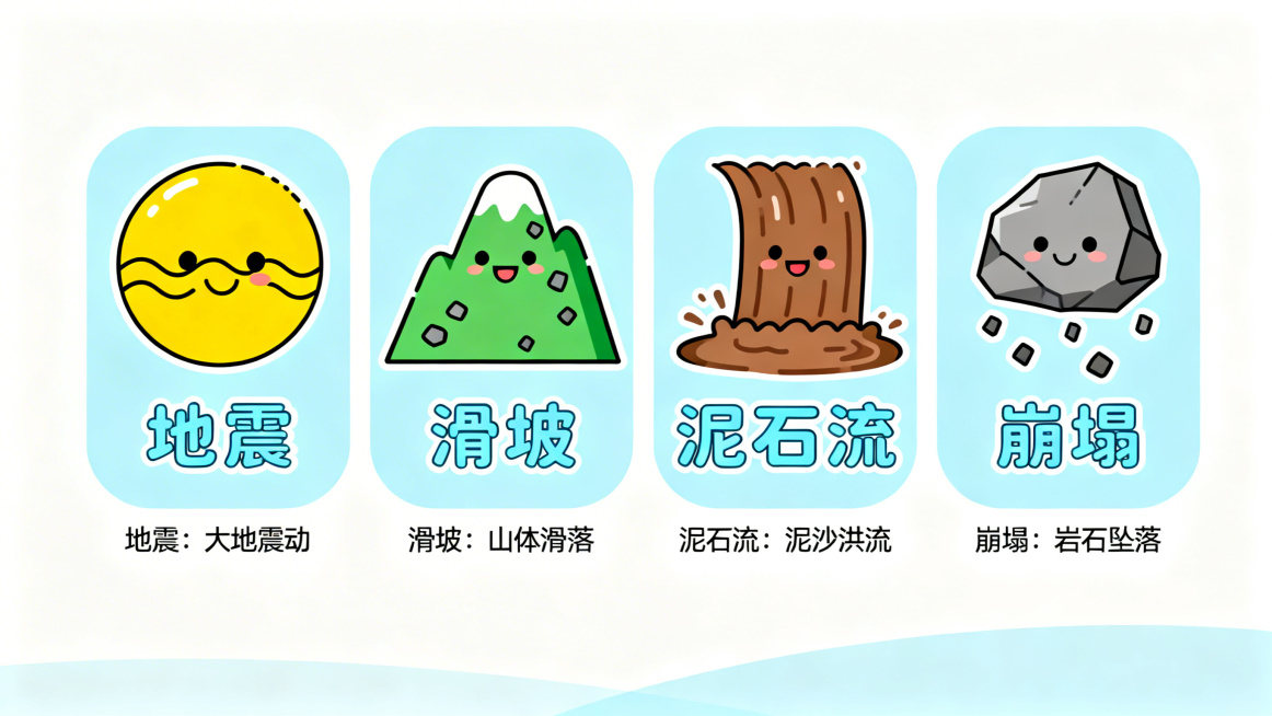 小学生地质灾害科普PPT内页，卡通风格，展示地震、滑坡、泥石流、崩塌四种地质灾害的可爱卡通图标，搭配简单的文字说明预览效果