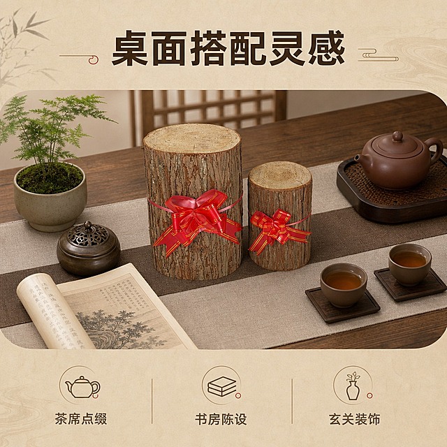 [商品] 使用【图4】大小两款杉墩木段红绳花摆饰；保留杉木段圆柱形结构、树皮棕褐色纹理、红绳金边蝴蝶结的颜色和造型；产品与周边软装搭配自然，比例协调。
[画面] 页面目标：搭配灵感展示，给用户提供桌面布置参考。构图：俯视角度茶桌全景，中央摆放大小两款杉墩摆饰，周围搭配紫砂茶壶、品茗杯、线香炉、小株绿植、书卷等中式软装；物品错落有致，营造完整茶席氛围。景别：中景俯视。阅读动线：顶部标题，中部桌面布置全景，底部搭配建议文字。
[视觉] 套系策略：风格=新中式禅意商业摄影；标题字=阿里巴巴普惠体粗体；正文字=阿里巴巴普惠体常规；主色=暖木棕；背景延展=基于暖木棕做深浅层级、米杏渐变和宣纸/木纹质感；强调色=中国红，仅用于小面积图标、引线和标签；标题色=深棕褐；正文色=暖灰棕；组件=圆角浅棕信息卡、细棕线引线；光影=顶部暖柔光，柔和均匀。
[文字] 顶部主标题「桌面搭配灵感」，底部三行小字：「茶席点缀 · 书房陈设 · 玄关装饰」，配简约线条图标；文字不遮挡主体产品。
[规格] 图片比例1:1正方形，4K分辨率，负向提示：避免变形、错字、文字过小、冷蓝背景、产品颜色改变、出现极限词、出现淘宝logo、出现小标致图案、出现天然/环保/原生态等违规词。