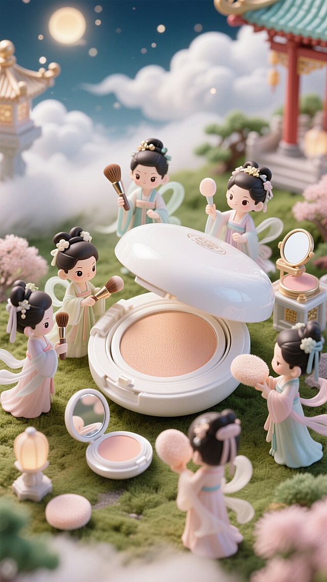 一群古风微缩仙女围着一个巨大的白壳彩妆气垫，有人手里拿着彩妆刷，有人手里拿着粉扑，有人手里拿着镜子；背景是天宫；热闹忙碌的景象