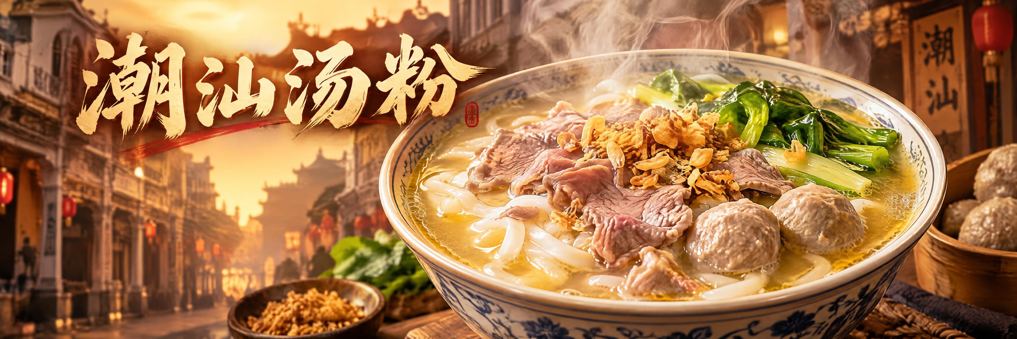 潮汕汤粉美食海报横幅，画面主体是一碗丰盛的潮汕汤粉，汤头浓郁金… - 图片创意预览