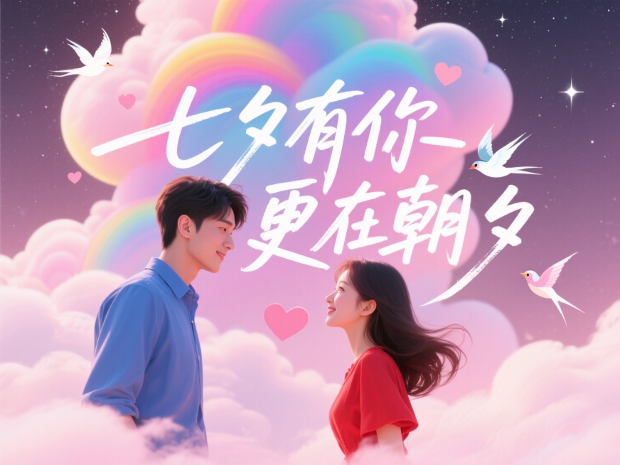 文字“七夕有你 更在朝夕”，文字穿插点缀爱心和喜鹊。高级感，黑底红字。背景：中国古代传统风格，古风情侣身着飘逸古装，深情对视，男子身穿蓝衣，女子身穿红衣。背景是银河，云朵，喜鹊在空中飞翔，画面整体呈现预览效果