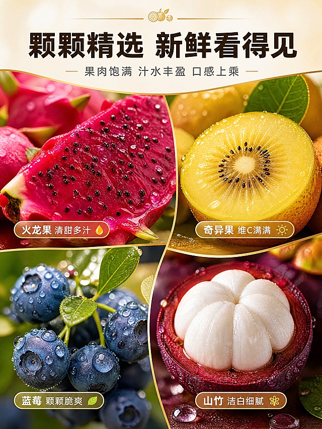 [商品] 使用【图1】中的鲜果元素；选取火龙果、奇异果、蓝莓、葡萄、山竹、柑橘等做切面/果肉/水珠质感特写。保留每种水果的真实颜色、果肉纹理、籽的形态，增强新鲜度。
[画面] 目标：鲜果品质特写页，突出口感与新鲜质地。采用质地微距+拼图组合版式，画面由3-4个鲜果特写区块组成，错落排布。左上：切开的红心火龙果露出紫红色果肉与黑色籽，表面有水珠；右上：切开的黄金奇异果，金黄色果肉晶莹；左下：饱满的蓝莓串挂着水珠；右下：切开的山竹露出白色蒜瓣果肉。各区块间有细金线分隔。整体占画面70%，微距感强烈，果肉纹理清晰可见。
[视觉] 套系策略：风格=高端生鲜商业摄影，精致清新有质感；标题字=现代简约粗黑体，字重加粗；正文字=简洁无衬线体；主色=暖金棕+鲜果绿；背景延展=浅米色纯净背景，局部有柔和光斑；强调色=暖金色，仅用于分割线、小标签、图标；标题色=深棕褐色；正文色=中暖灰；组件=圆角小标签、细金线分割、水珠光效；光影=柔和侧光突出果肉纹理和水珠通透感，水果表面有自然高光。
[文字] 顶部居中主标题「颗颗精选 新鲜看得见」，副标题「果肉饱满 汁水丰盈 口感上乘」。每个特写区块旁配1个短句口感标签：「火龙果 清甜多汁」「奇异果 维C满满」「蓝莓 颗颗脆爽」「山竹 洁白细腻」。文字全部横排，不遮挡果肉主体细节。
[规格] 宽750px，高1000px（3:4比例），4K分辨率，medium质量。负向：避免变形、错字、文字过小、水果腐烂干瘪、节日元素、冷蓝调背景、果肉颜色失真。