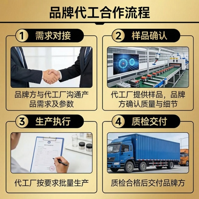 品牌代工合作流程图，保留原图所有文字和图片内容排版不变，将蓝色标题块和蓝色边框修改为黑色，文字改为浅金色，背景修改为浅金色渐变，整体改为黑金风格，和参考图配色保持一致，尺寸为1:1正方形预览效果