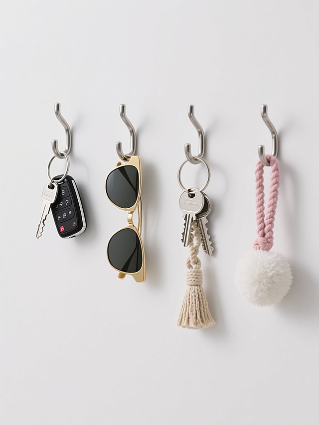 纯白纯色背景，极简主义风格，四个完全不同造型的金属挂钩系列素材集合，规整水平排布。第一个挂钩挂着银色汽车钥匙和黑色遥控器，第二个挂钩挂着金色边框黑色镜片太阳镜，第三个挂钩挂着银色钥匙串和米色编织绳钥匙扣，第四个挂钩挂着粉色编织绳和白色毛球流苏挂饰。高清晰度产品摄影，清晰的金属质感，柔和均匀的光源，无阴影，物体边缘锐利，色彩真实自然，简约现代设计感。