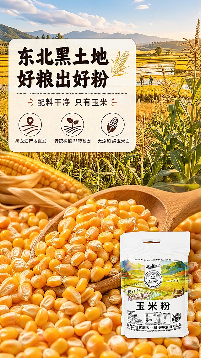 [商品] 使用【图1】实磨玉米粉袋装产品，缩小置于画面右下角作辅助露出，约占画面15%；保留包装袋所有文字、Logo和图案，清晰可辨。
[画面] 目标：成分/产地专张，突出东北黑土地产地优势与配料干净。构图：上半部分为东北金色稻田/玉米地大场景，下半部分为金黄玉米粒微距平铺。主体位置：上半部分产地场景占画面约50%，下半部分玉米原料微距占画面约40%，产品小图放右下角。景别：产地大场景远景 + 原料微距特写双景结合。阅读动线：从上到下，先看产地再看原料。前中后景：前景玉米粒颗粒饱满带自然光泽，中景木勺舀起玉米粒，后景东北黑土地农田与远山蓝天。
[视觉] 套系策略：风格=家常烟火气田园风商业摄影；标题字=粗黑体带手写温度感；正文字=简洁圆体；主色=暖金黄+米白；背景延展=基于暖金黄和米白做深浅层级、同色渐变、稻穗/玉米纹理质感；强调色=深棕红，仅用于小面积图标、引线和标签；标题色=深棕；正文色=暖灰棕；组件=圆角米白底信息卡、细线引线、玉米/稻穗小图标；光影=左前侧暖柔光，自然日光感。
[文字] 主标题"东北黑土地 好粮出好粉"，副标题"配料干净 只有玉米"，配3个信息点："黑龙江产地直发""传统种植 非转基因""无添加 纯玉米面"。文字区位于画面上方偏左，横向排版在半透明米白圆角卡片上，不遮挡核心场景。原料元素（玉米粒、农田）合计占画面≥60%。
[规格] 图片比例9:16竖版，4K，负向提示：避免变形、错字、文字过小、冷蓝/蓝灰背景、产品包装错乱、医疗化表述、极限词。