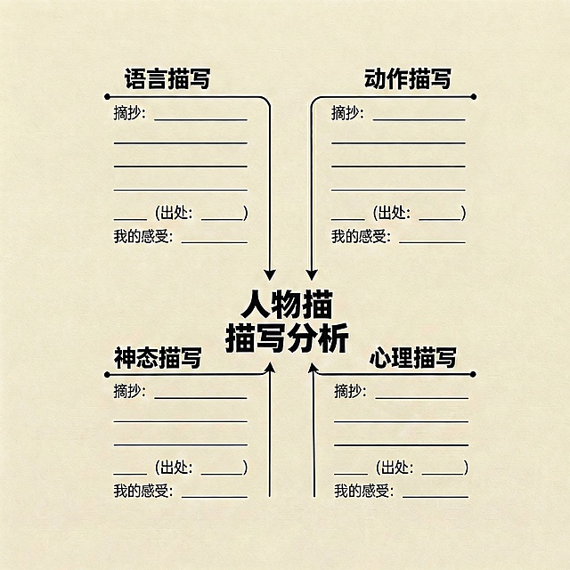 将心理描写分支格式调整为与其他分支一致，设置为“摘抄：______
______
______（出处：______）我的感受：______”，摘抄处为三条宽行距横线