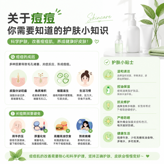 一张护肤科普图，主题是关于痘痘的护肤小知识，风格清新简约，有干净的背景和护肤相关元素，配有清晰文字排版预览效果