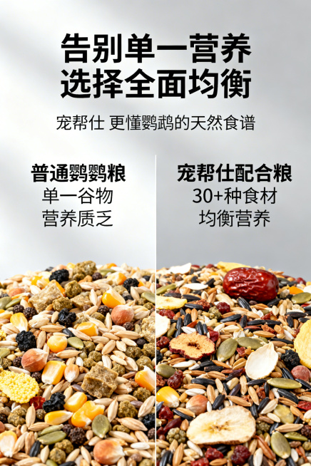 2:3 竖版电商详情图，不展示产品包装，以对比可视化呈现。左右分栏布局，左侧为普通鹦鹉粮（单一谷物、营养匮乏），右侧为宠帮仕配合粮（30 + 种食材、均衡营养），分别标注核心差异点，背景为浅灰色渐变。预览效果
