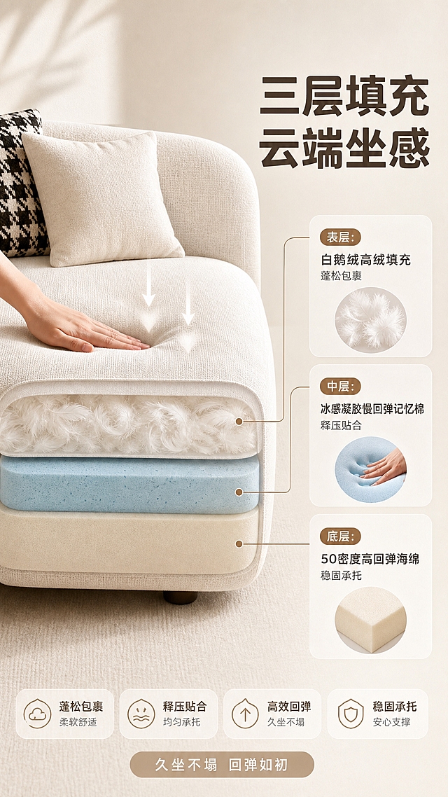 [商品] 使用【图1】奶油白色弧形转角布艺沙发座垫部分；保留米白布艺面料、座垫饱满形态；商品处理：座垫做分层剖切示意（不破坏整体外观，用半透明分层展示内部结构），增强面料纹理，不改变沙发颜色与外轮廓。
[画面] 目标：坐感材质解析页，展示三层填充结构与舒适回弹。构图：左图右文，左侧沙发座垫特写+半透明分层剖切示意，右侧文案说明；座垫占画面约50%，正面微俯角度。场景：浅米色干净背景，搭配手部轻按座垫的回弹动态示意，周围有羽绒、记忆棉、海绵的材质小图标点缀，突出材质质感。
[视觉] 套系策略：风格=奶油亮调轻奢家居商业摄影；标题字=现代无衬线粗体（圆润字重）；正文字=简洁无衬线体；主色=奶白米杏；背景延展=基于奶白米杏做深浅层级、同色渐变与细腻墙面/织物质感；强调色=浅焦糖棕，仅用于小面积图标、引线和标签；标题色=深暖棕灰；正文色=中暖灰；组件=圆角浅底信息卡、细线引线、胶囊形卖点框；光影=左前侧暖柔自然光，柔和漫射，阴影浅淡。
[文字] 右侧文案区：主标题"三层填充 云端坐感"，下方三层结构标注（引线指向对应分层）："表层：白鹅绒高绒填充 蓬松包裹""中层：冰感凝胶慢回弹记忆棉 释压贴合""底层：50密度高回弹海绵 稳固承托"；底部小字"久坐不塌 回弹如初"；文字横向排版。
[规格] 图片比例9:16竖版，4K，medium；避免变形、错字、文字过小、冷蓝/蓝灰背景、沙发颜色改变、结构失真、极限词。
