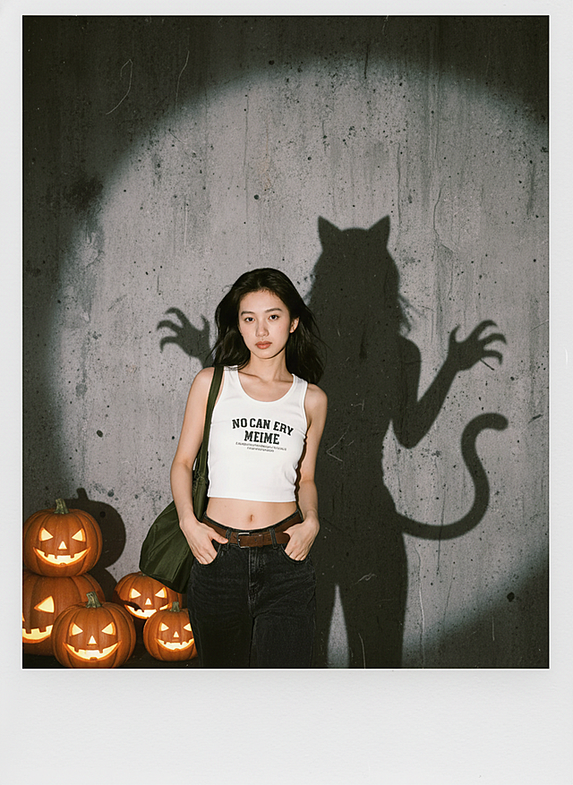 一束光射过来，主体的投影在墙壁上，投影是主体的外轮廓，加猫妖元素在投影上，主体旁边加点南瓜灯装饰，拍立得拍摄效果