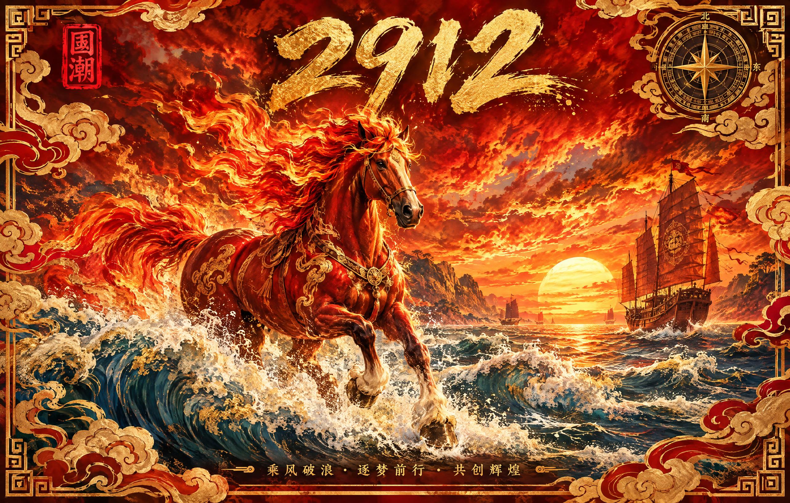 国潮风格海报，红金色调，骏马在海浪中奔腾，鬃毛如火焰燃烧，背景… - 图片创意预览