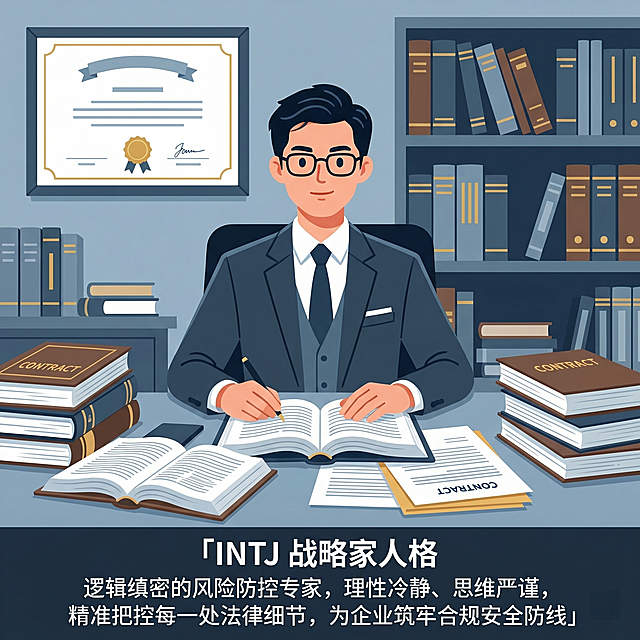 法务岗位MBTI专属海报，匹配INTJ战略家人格特质，画面呈现严谨的法务办公场景，摆放着法典书籍、合同文件元素，搭配INTJ人格文字分析：「INTJ 逻辑缜密的风险防控专家，理性冷静、思维严谨，精准把控每一处法律细节，为企业筑牢合规安全防线」，延续原插画清新扁平化风格，保持原图比例，2K分辨率