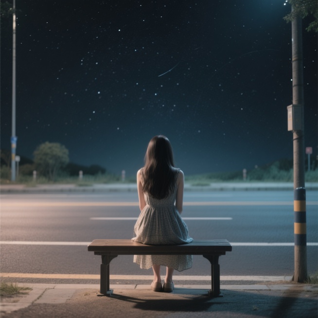 一位穿着连衣裙的长发女孩背影，伤感地坐在马路边的座椅上，背景是黑暗的星空，小清新风格预览效果