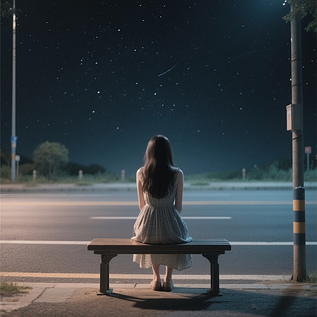 一位穿着连衣裙的长发女孩背影，伤感地坐在马路边的座椅上，背景是黑暗的星空，小清新风格